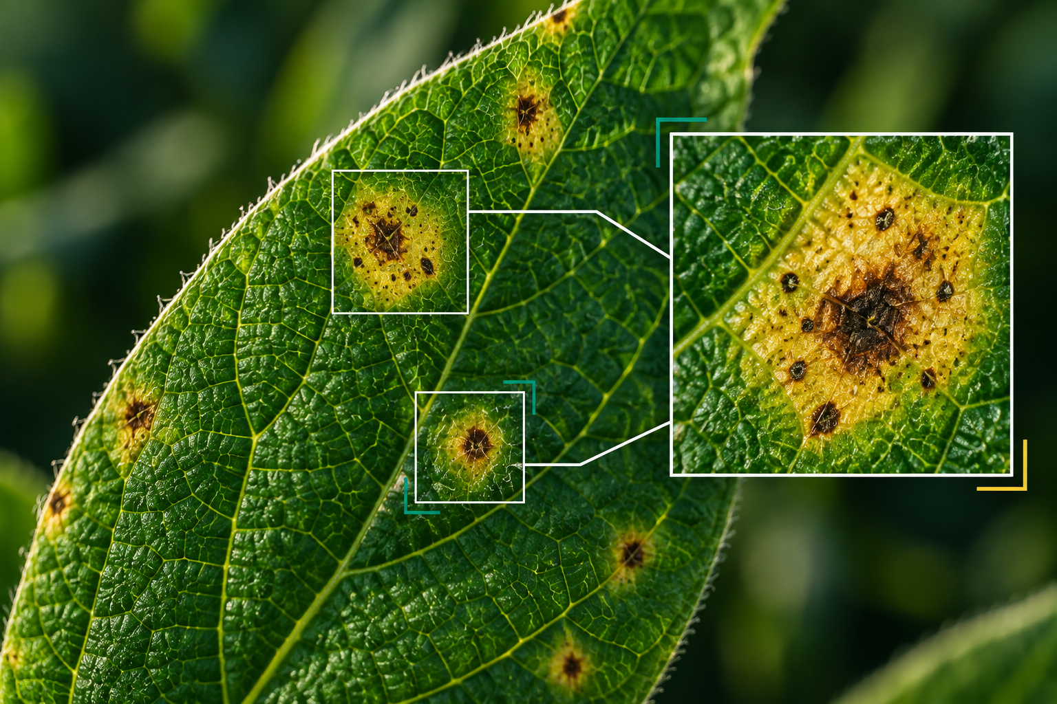 Plant leaf examined with detailed crop-disease detection regions